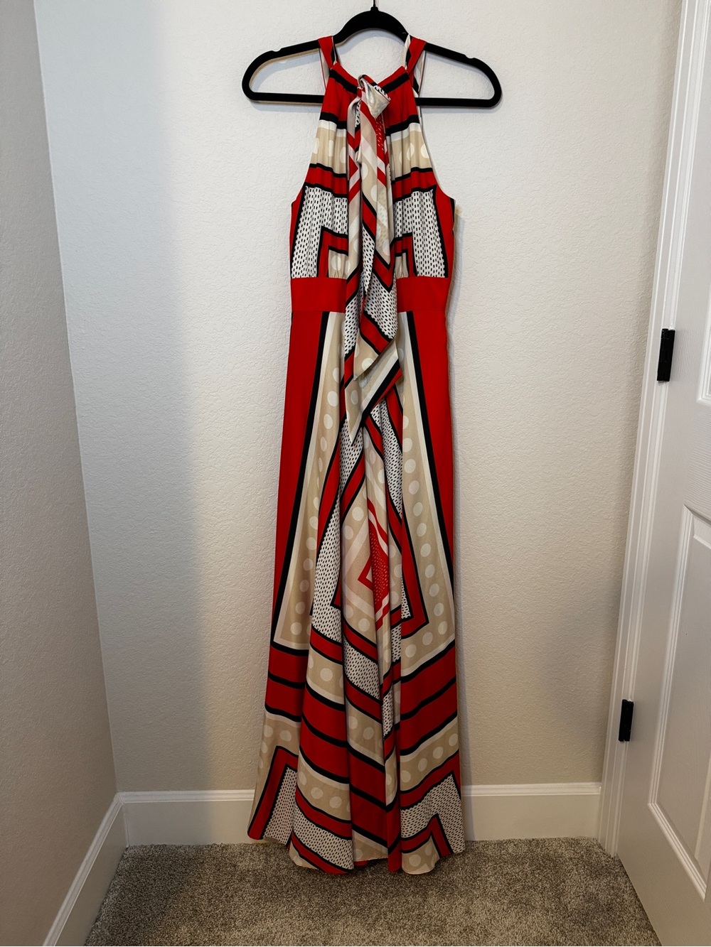 Eliza J Womens Scarf Crepe de Chine Halter Maxi Dress Size 6 Red Cream Summer - Picture 4 of 10
